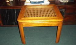 Solid oak end / coffee table with cane top, missing the glass on top otherwise in very good condition and sturdy. Size:28" by 24" by 21" high.