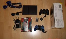 For sale is a Sony PS2 playstation slim with 2 dual shock controllers, cable extensions for controllers, 9 games, a 32mb memory card, power and av cables, and original box and instructions. This playstation can also play dvd's and is ethernet capable.
