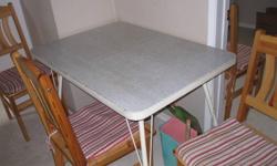 I have an older metal framed very sturdy table with a brand new set of 4 chairs, the chair cushins are home made and are included as well. Table comes with a removable table leaf.
 
Please contact me by e-mail or my uncle Ed by phone at the number