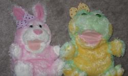 Pink rabbit puppet, makes bouncy sounds - $10
Yellow frog puppet, makes ribbit sounds - $10
Big Bird - 12" high, talks, laughs, shakes, works, batteries not included. - $10
Cookie Monster - 15" high, talks, laughs, shakes, works, batteries not included. -