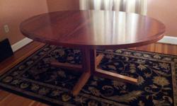 This teak dinning room table is 64" by 45" with a 20" leaf. The condition is excellent.
