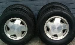Light truck tires 245-70-16"- Excellent condition
These are winter tires with 90% tread remaining
Mounted and Balanced on GM Aluminum Rims, with center caps
GM Sierra- Chev Silverado 1500...Astro Vans...Blazers Etc.
Fits Chev GMC products from 1994-2008