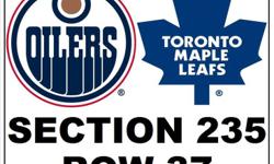I have two (2) hard copy tickets available for the Edmonton OILERS game on February 15 against the Toronto MAPLE LEAFS.  The side-by-side seats are located in Section 235, Row 37.  $150.00/ticket. 
 I do not have tickets available for the following games
