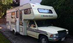 21 Foot Toyota Slumberqueen. 11,500 KM on remanufactured 3L V6 Motor.
2 Airconditioning units, 1 up and 1 down.
New Shocks and Exhaust and rear bumper.
Good rubber and brakes. No leaks.
Fridge, Stove and Furnace. All in A1 shape
 
New windshield and