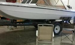 Has newer paint, seats have been recovered, new flooring/carpet about 4 years ago. 55lb front mount Minkota trolling motor with foot pedal. 55 hp Evinrude Motor, trailer, stereo system, fish finder, full enclosure. Open bow, 4 rod holders and 6 mounts for
