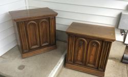 two end / night tables, compressed with wood trim, hardware is missing but I have some here that will work, has a shelf inside, some cosmetic marks but good solid construction ... 25 X 16 X 25 1/2" .. $30.00 each or $50 for the pair (for now I would like