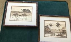 ONE DEPICTS THE PLANTING AND THE OTHER HARVESTING OF RICE...Framed And Double Matted...Cool Wood Frame That Resembles Bamboo, Keeping With The Theme...Each Print is 16" by 13.5"...$35 For Both Pieces...