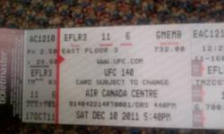 I HAVE TICKETS AVAILABLE FOR UFC 140.  ALL ARE HARD COPY TICKETS.
 
4 TIX SECTION 302 ROW 28 FACE VALUE $99 SELLING FOR $150 EACH SOLD
 
4 TIX SECTION 103 ROW 12 FACE VALUE $372  SELLING FOR $425 EACH
 
8 TIX SECTION 102 ROW G PLATINUM FACE VALUE $526.75