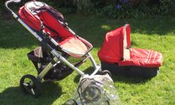 Uppa Baby Vista stroller. This has been an excellent stroller we bought new and raised 2 kids in it. Features include: bassinette is reversible for viewing baby or can be turned the other way. Same for the seat, it can face either way and reclines in 3