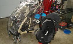 Stroller has been stored for a couple of years. Still works great also has rain cover. Does not include car seat