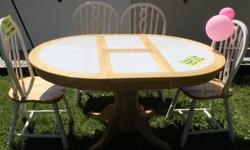 Email or text only
$250 obo Hidden Leaf Table & 4 Chairs
Round table can be compact for a small apartment.
See picture shown is to show with mechanical hidden storage leaf to make oval table approx 41" X 58".
Tile Top & Wood pedestal base. 4 Chairs Solid