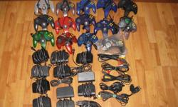 N64 30 controllers/ac/av cords $5each or $100 for all,  PS2 silver ssystem w/2 controllers all for tv hook ups&12 games $80, Original XBOX w/5 controllers/tv hook ups&27 games $120, PS one w/2 controllers/tv hook ups&13 games $50,  Sega Genessis system