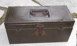 Vintage Metal Utilco Fish Tackle/Tool Box. This olive green metal box with handle is marked on the front "A Utilco Quality Product, Made in the U.S.A., Union Tool Chest Co. Inc., Utility Products Division, Rochester NY." It is in good vintage condition