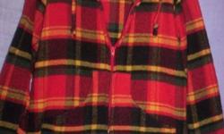 This jacket is in good used condition, has a small hole in back, can hardly be seen, could easily be fixed with red thread. There are no tags on it, but is probably a wool blend, 2 front pockets and zipper, ties in hood, red, green yellow and black. The