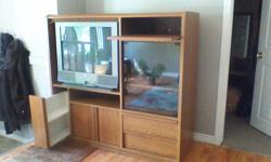TV does not need to go with unit its yours if you want it with the unit, unit is 25.00 with or without the tv
Heavy, sturdy wall unit excellent condition, not the cheap wood, the unit is 49 H x 20 D x 53 L, the tv space is 30 L x 25H
Has a pull out CD/VHS