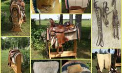 One Western Rawhide saddle ( 15 in. seat ) for sale with all that you see in photo. 2 complete western bridles with silver & one breastplate with silver. One saddle stand; one saddle pad with sheepskin lining; one girth & one set of spurs. Excellent