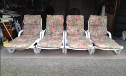 Four white resin patio lounges with cushions in excellent condition.
Contact Helen/Bob Phone 250-762-0856