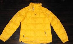 Size med. Columbia down filled jacket has no tears and is gently used. School bus yellow in color, stands out in the snow! Two zippered exterior pockets, and two drawstring elastics at waist for protection from snow. If I hadn't bought a new jacket i
