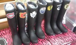 There are 7 different NHL branded rubber boots that are new in the box and come with a pair of socks. These boots retailed for $!19.99 a pair. The sizes range from 6-10 and the teams are listed below;
Boston Bruins
Montreal Canadians
Vancouver Canucks