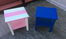 small wooden side tables, left one is pretty good as is, the blue one could use some touch ups, measures 17 X 14 1/2 X 19 inches high ... $15.00 each