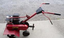 Good working condition Yard Machines roto tiller / cultivator with a Briggs & Stratton
5hp motor. Roto tiller is belt and chain drive and has a cutting path of 24 inches wide.
Tiller has height adjustable and removable wheels with an anchor. Outer blades